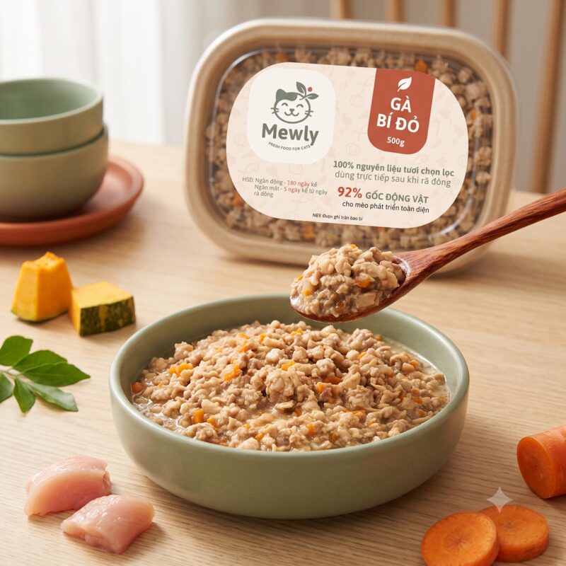 Bữa tươi Gà bí đỏ của Mewly cho mèo — ức gà, bí đỏ, cà rốt