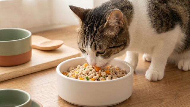 Mèo ăn khẩu phần bữa tươi Mewly trong bát