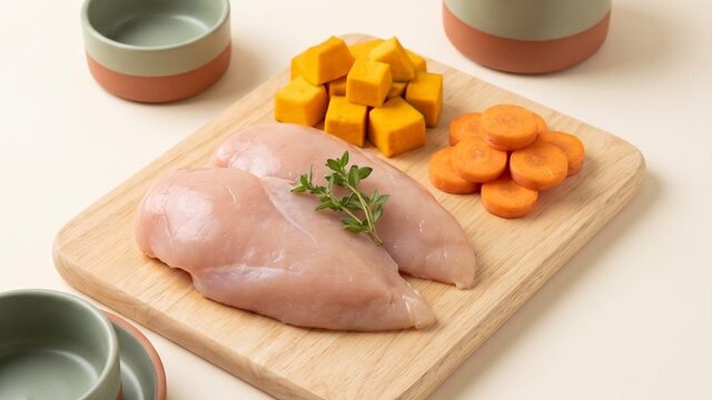 Nguyên liệu tươi ức gà, bí đỏ, cà rốt trên thớt