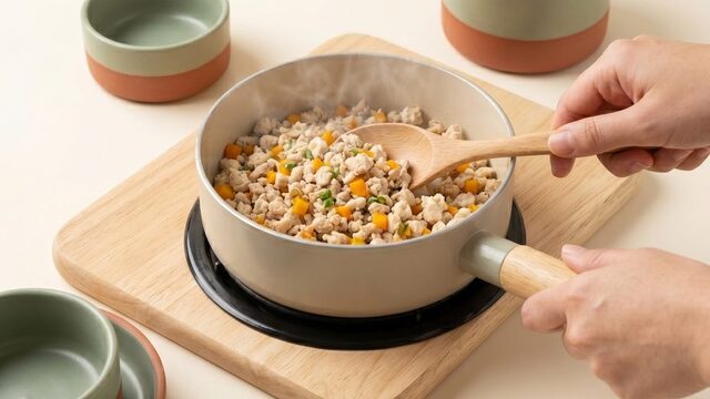 Mewly nấu chín từng mẻ nhỏ trên bếp